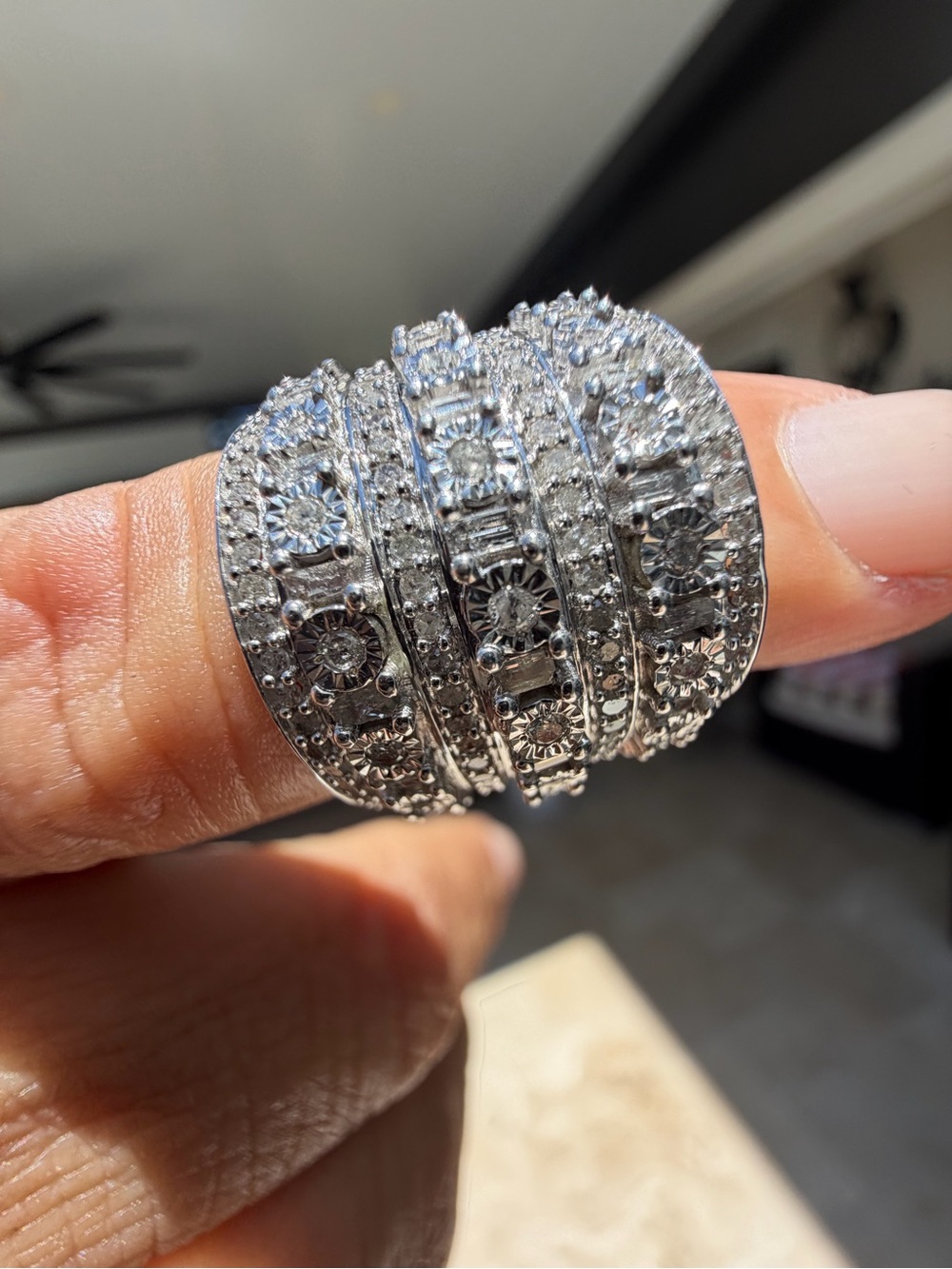 1.15 ctw Natural  Diamond Wide Band Row Ring -set in Silver Size 5